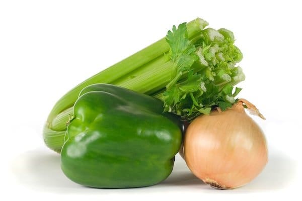Head of celery, green bell pepper, and onion