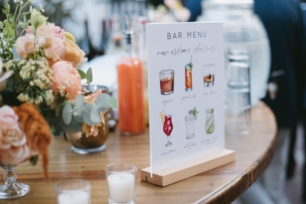 Bar menu on the bar at a wedding