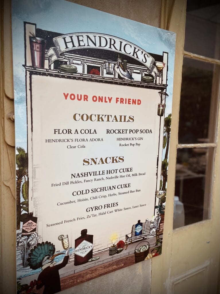 Hendrick's gin menu at event, including cocktails and snacks